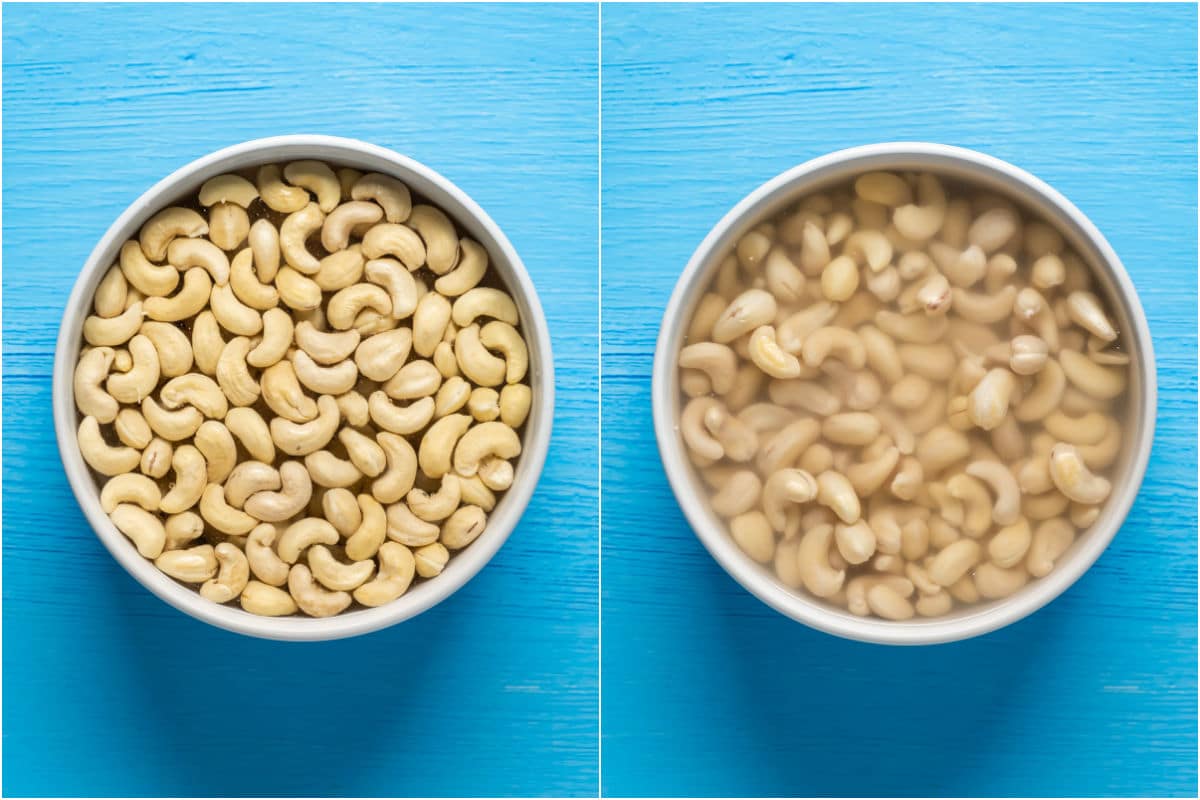 Two photo collage showing cashews added to bowl with hot water and soaked.