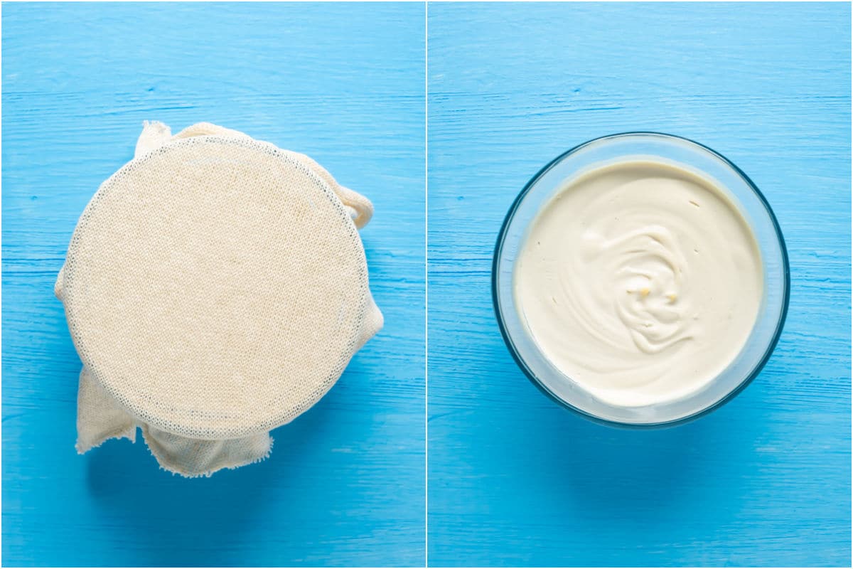 Two photo collage showing bowl covered with cheesecloth for 12 hours and then uncovered.