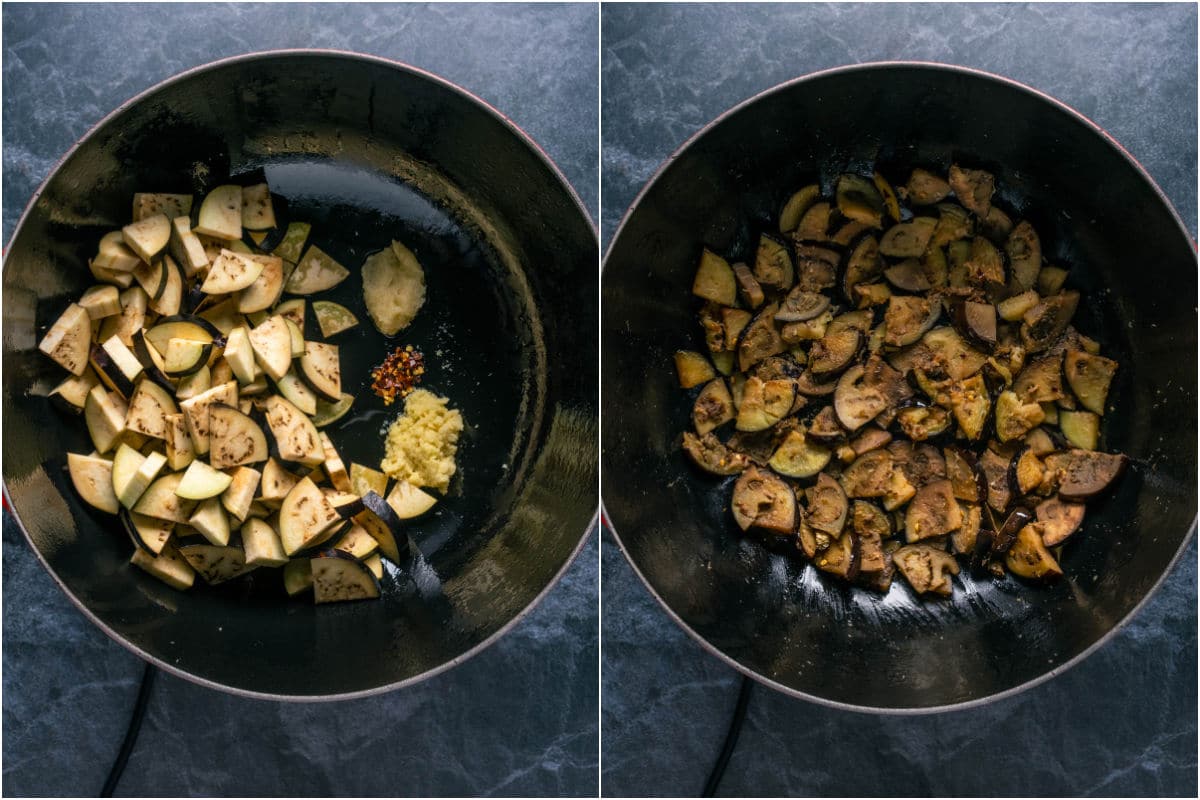 Eggplant added to wok and fried.