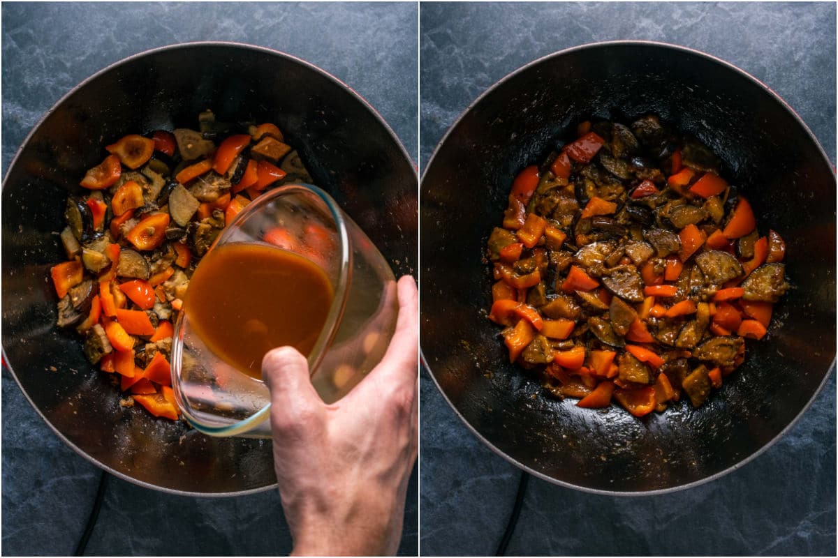 Sauce added to wok and mixed in.