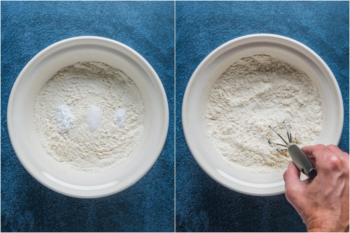 Collage of two photos showing dry ingredients added to mixing bowl and mixed.