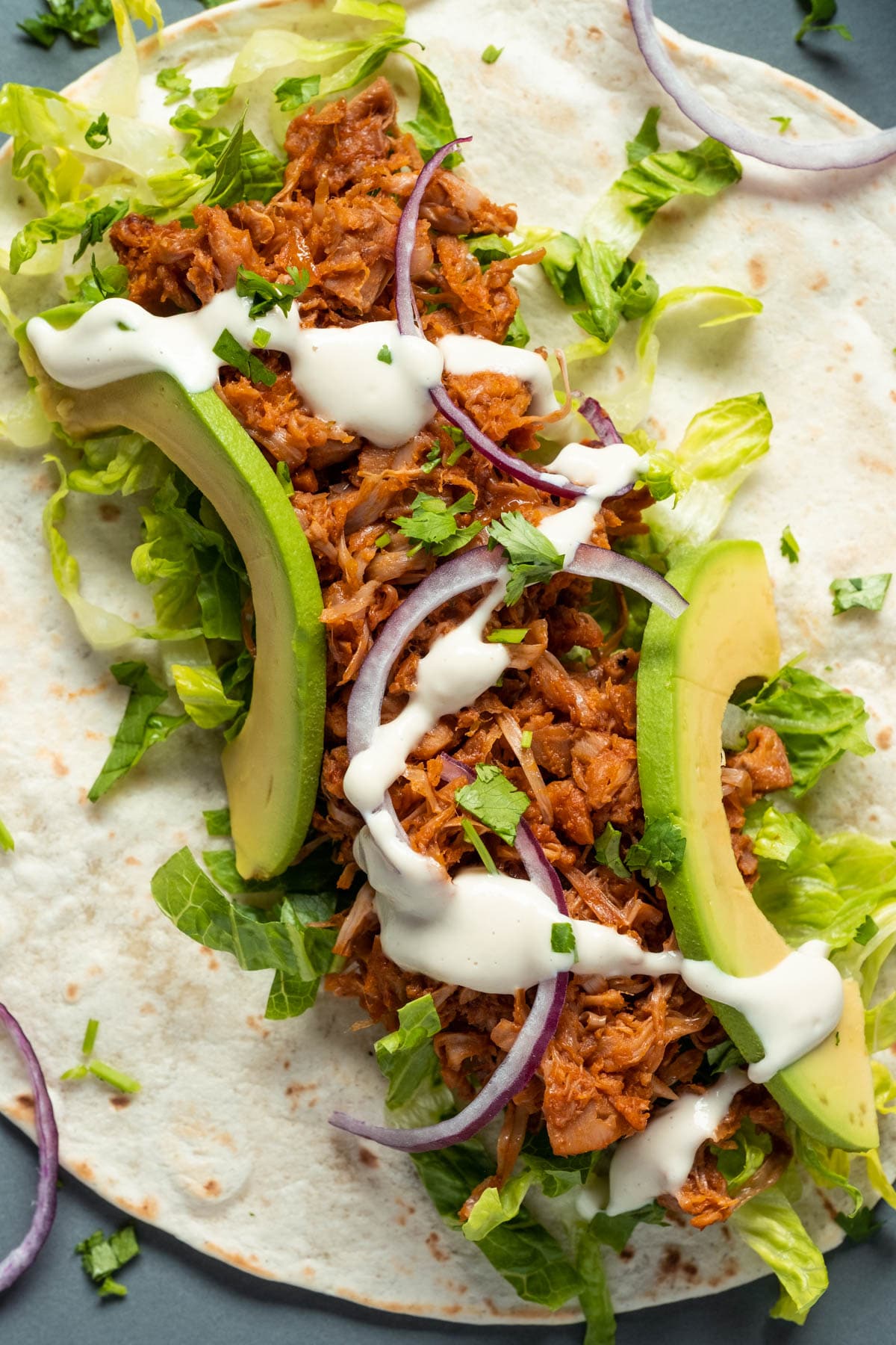 Assembling a jackfruit taco.