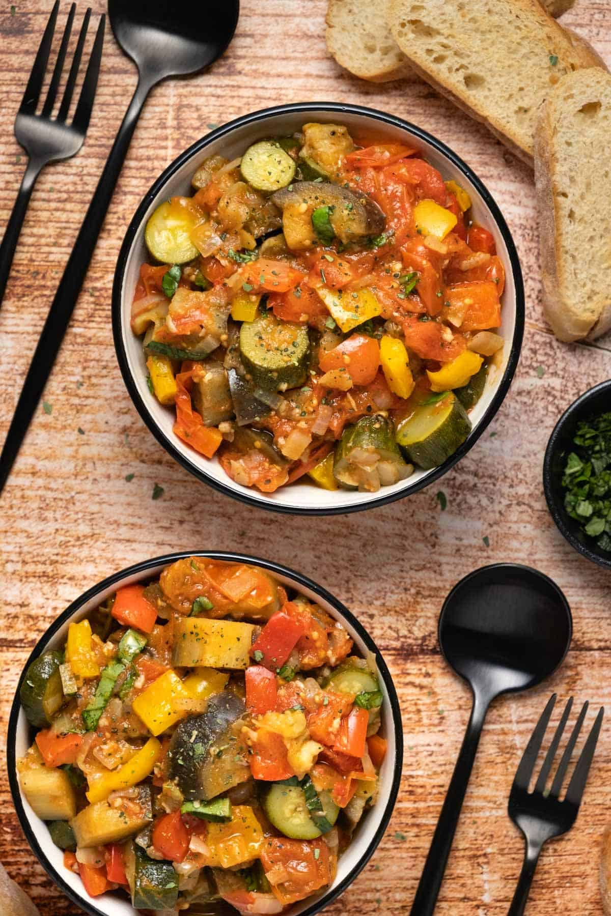 Ratatouille in ceramic bowls. 