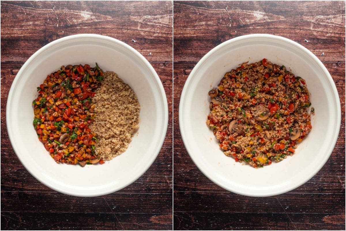 Cooked quinoa and veggies added to mixing bowl with sauce and tossed together.