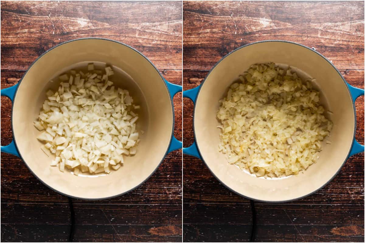 Two photo collage showing oil and onions added to pot and sautéed until softened.