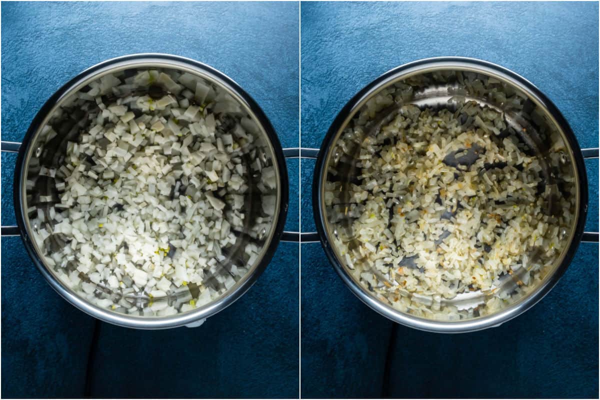 Two photo collage showing onions and sesame oil in a pot and sautéed.