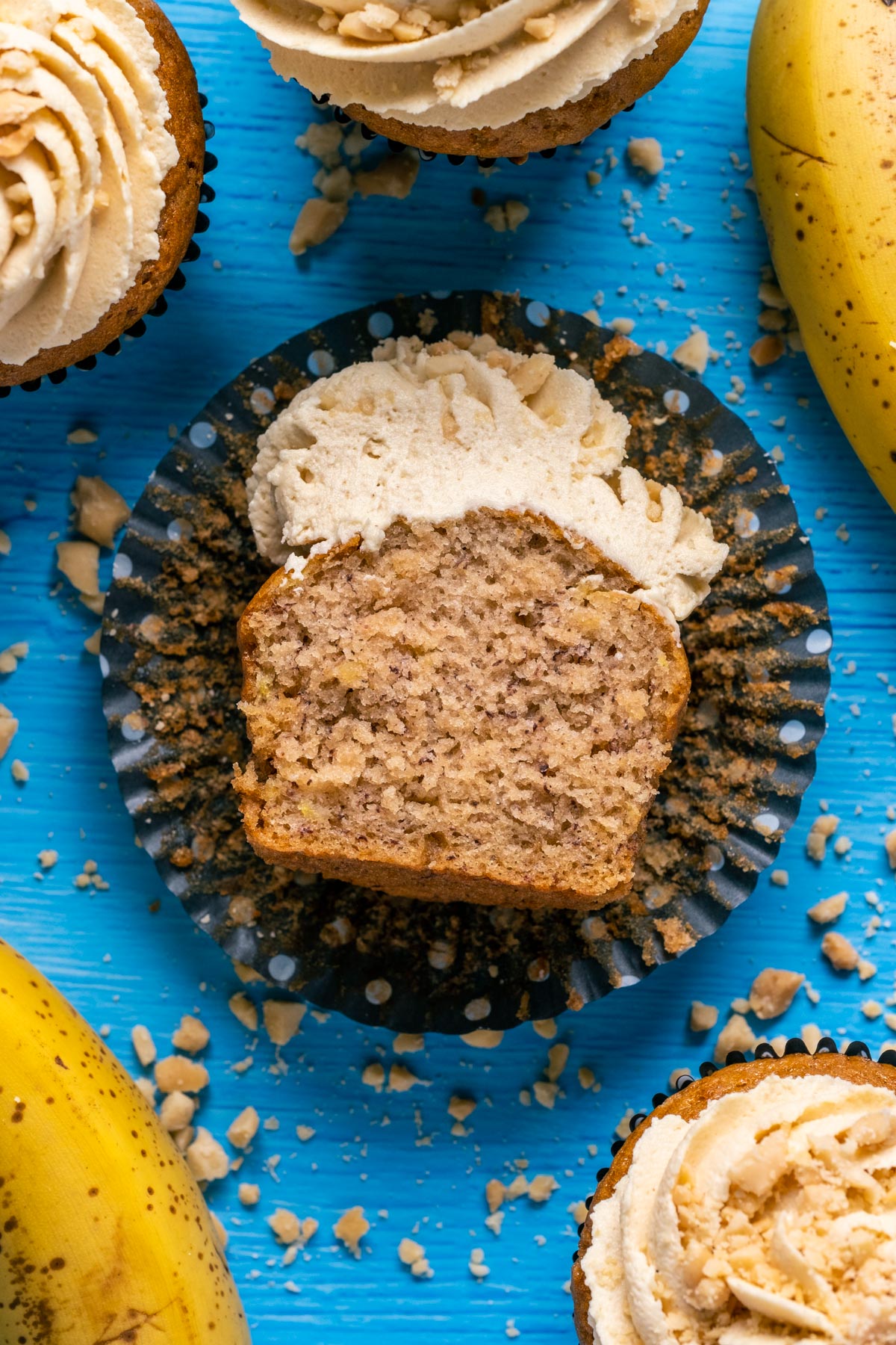 Vegan banana cupcake cut in half.