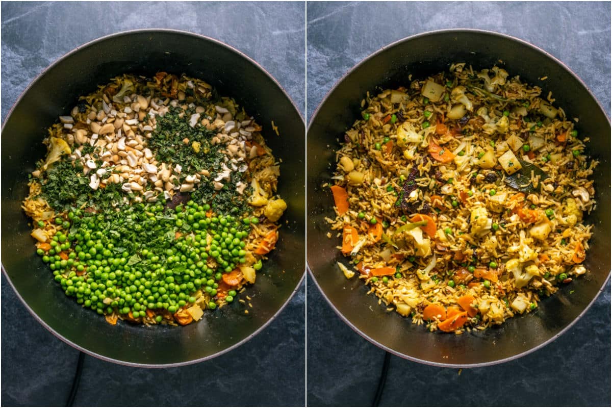 Peas, cashews, mint and cilantro on top of the biryani and then mixed in.