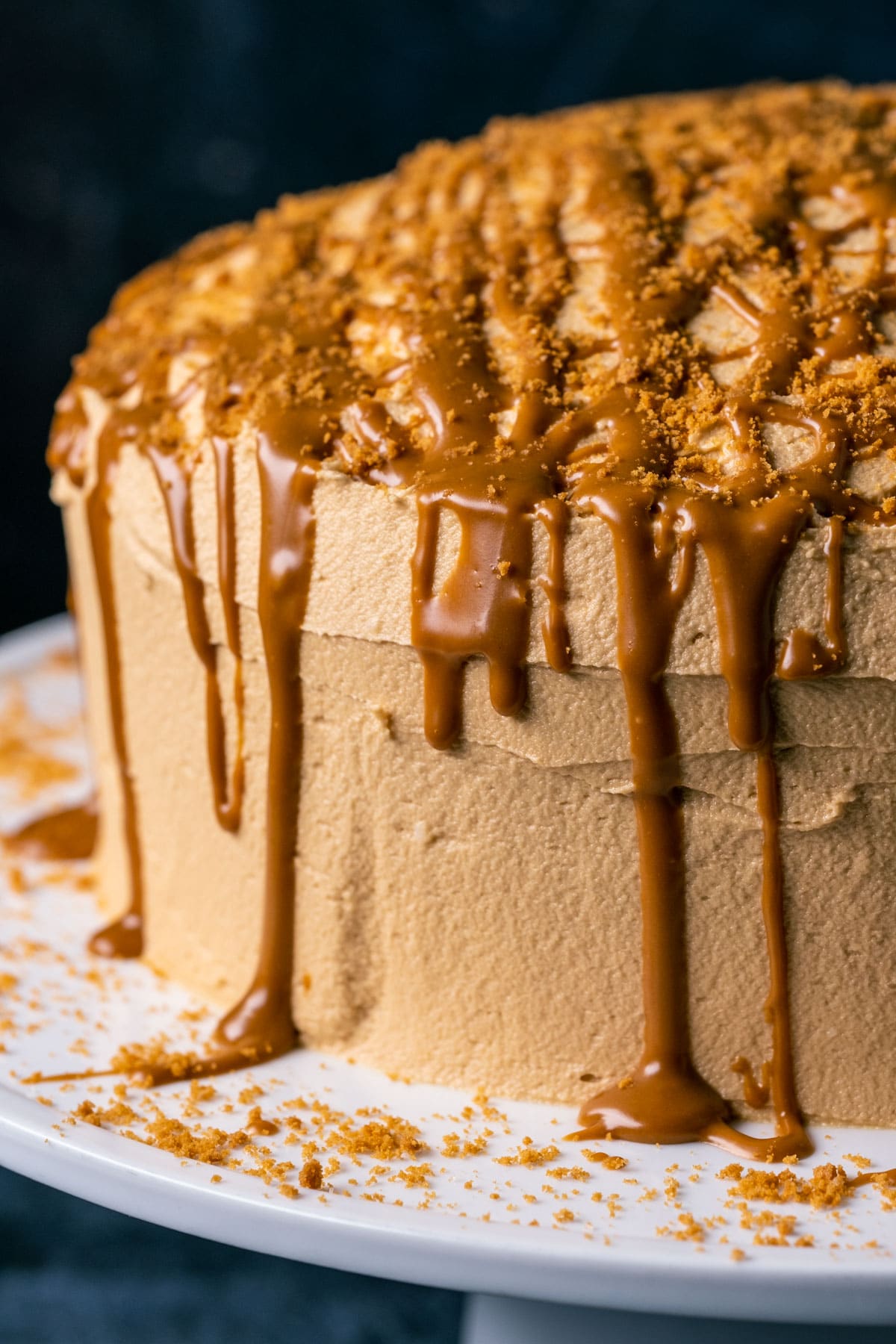 Vegan biscoff cake topped with melted biscoff drizzle and crushed biscoff cookies on a white cake stand. 