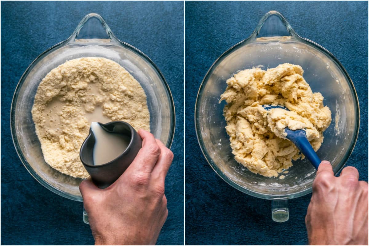 Soy milk added to bowl and mixed into a dough.