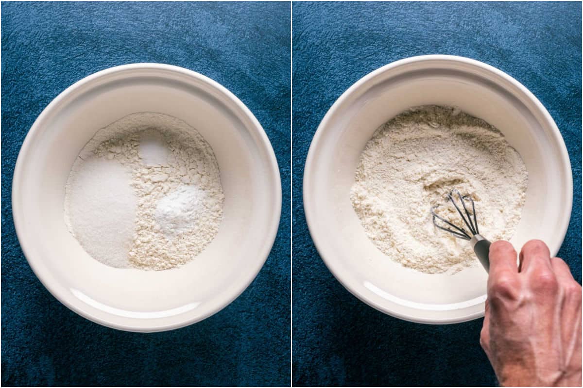 Two photo collage showing dry ingredients added to mixing bowl and mixed together.