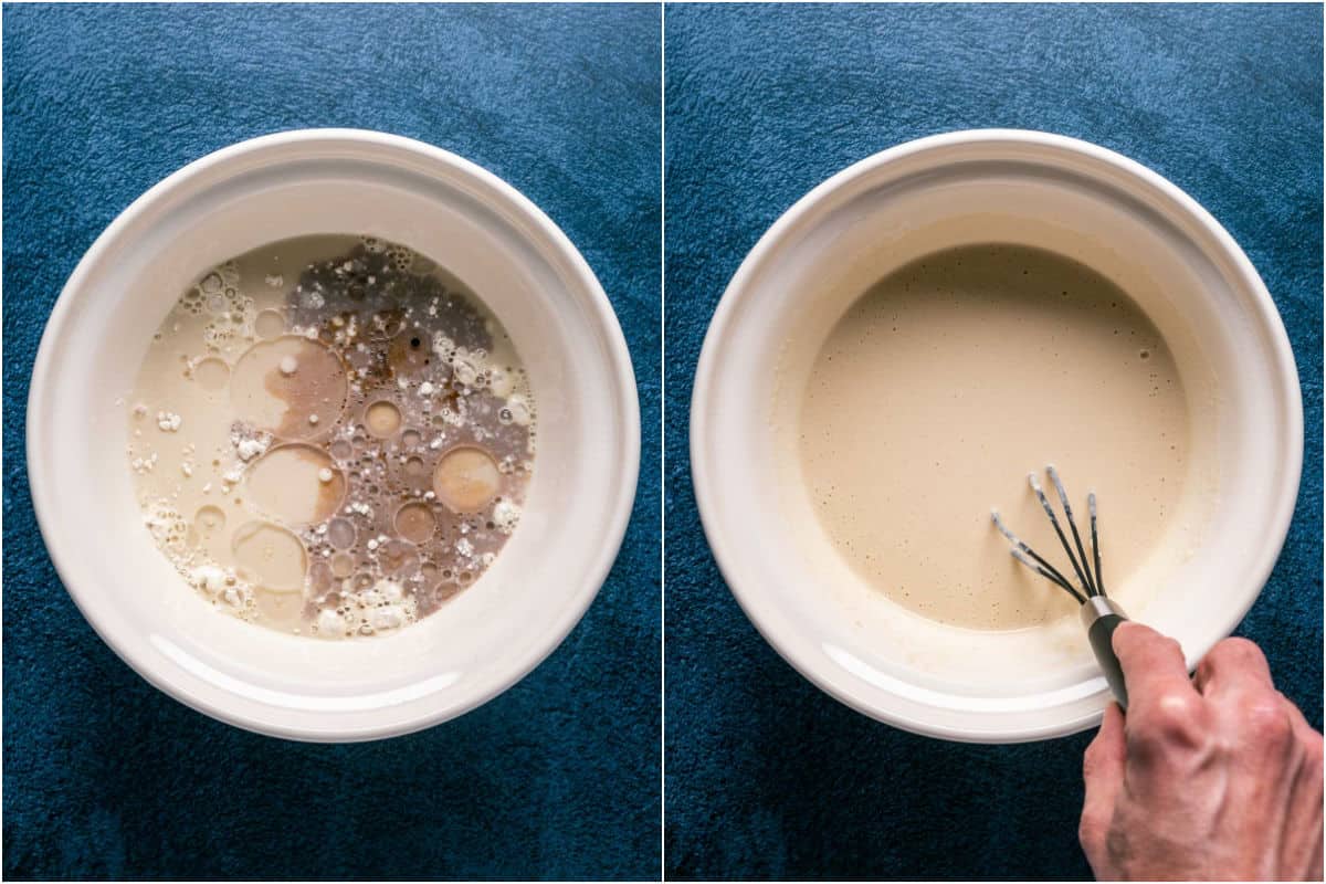 Two photo collage showing wet ingredients added to dry and mixed into a batter.