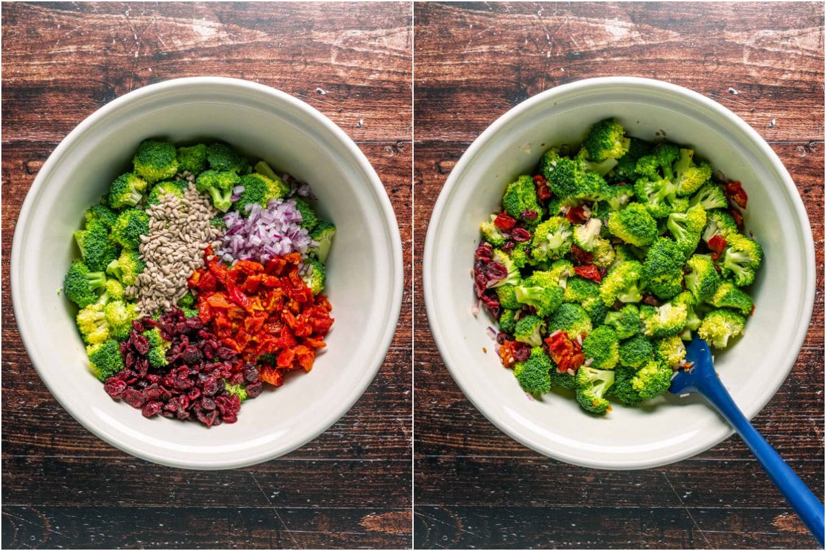 Salad ingredients added to bowl and mixed.