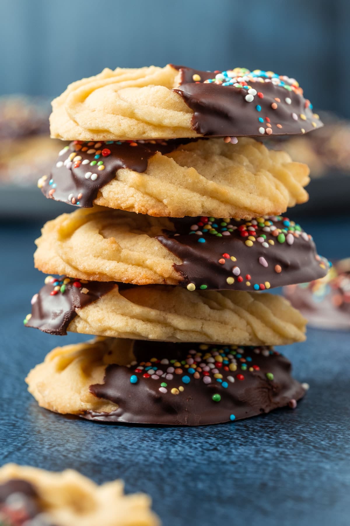 Stack of five vegan butter cookies.