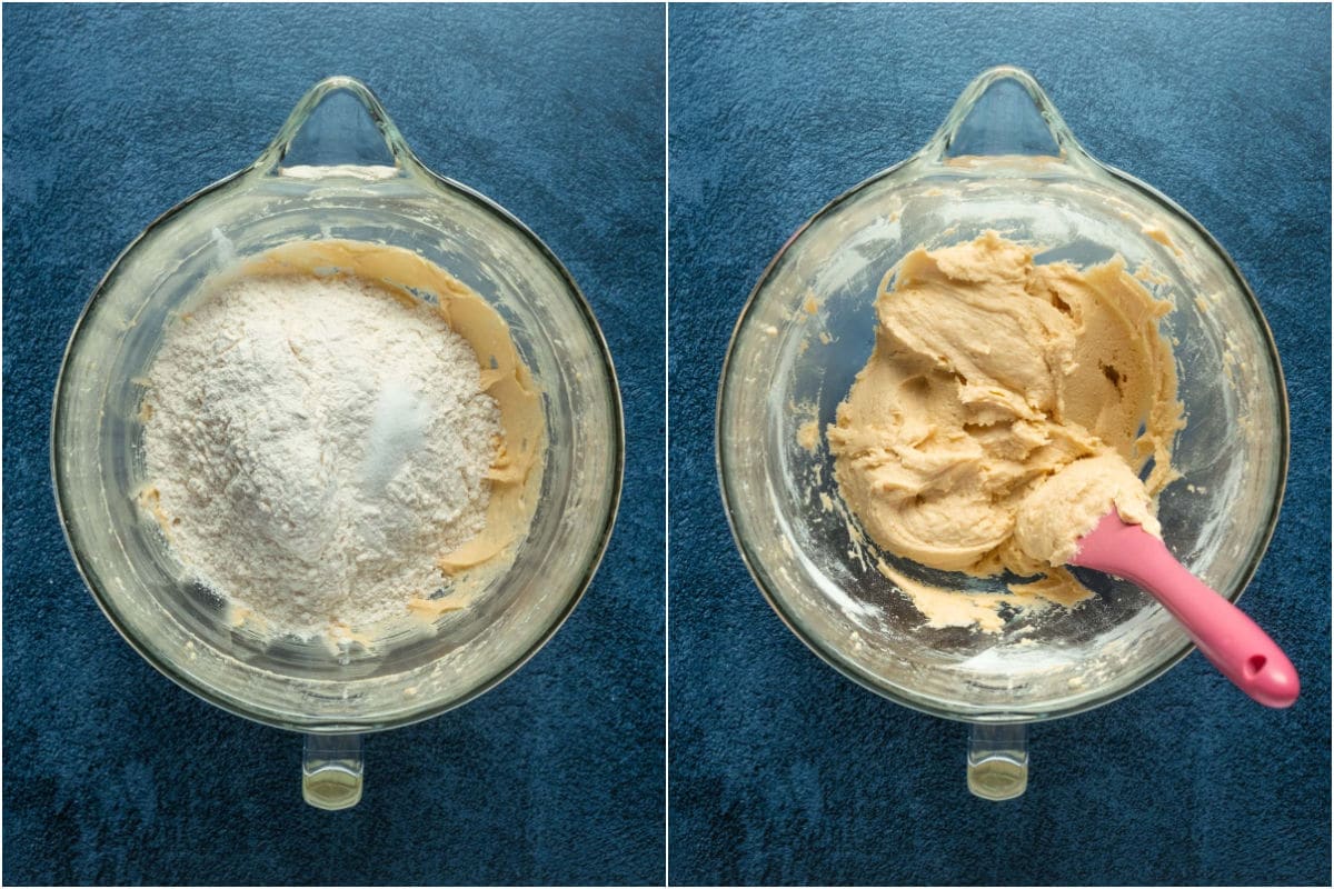 Two photo collage showing dry ingredients added to wet and mixed into a cookie dough.