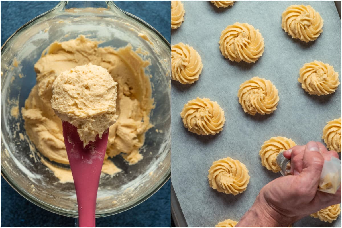 Two photo collage showing piping the cookie dough onto a parchment lined baking sheet.