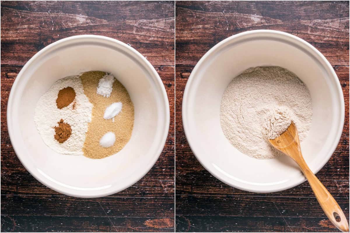 Two photo collage showing dry ingredients added to mixing bowl and mixed together.