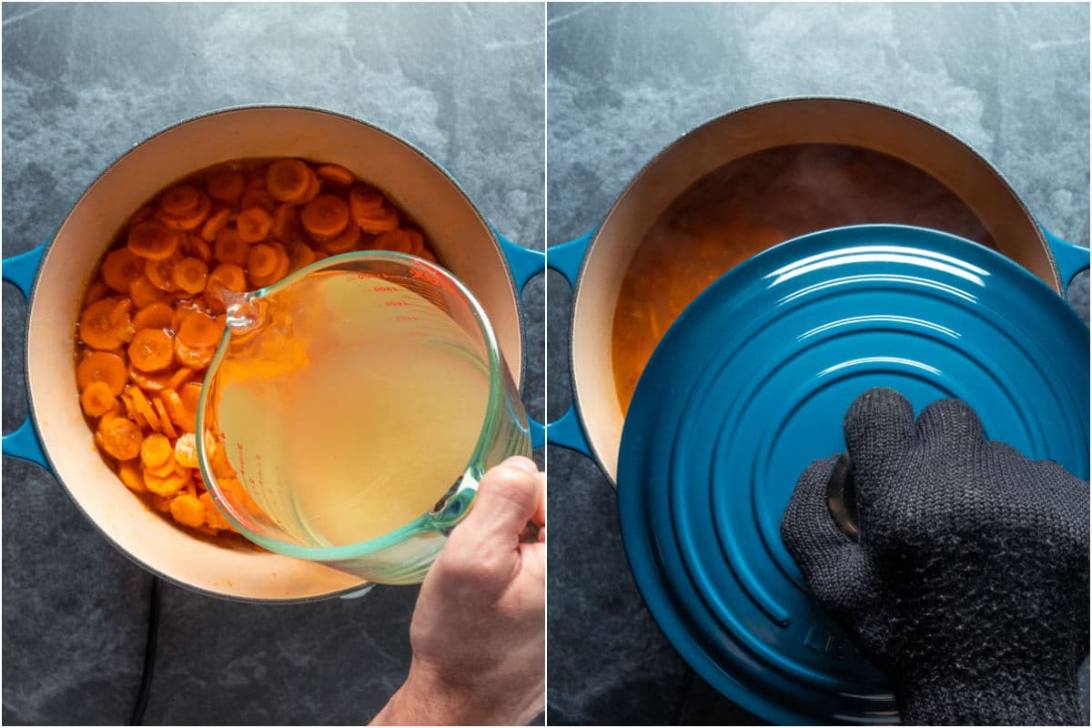 Vegetable stock added to the pot and then the pot covered with a lid.