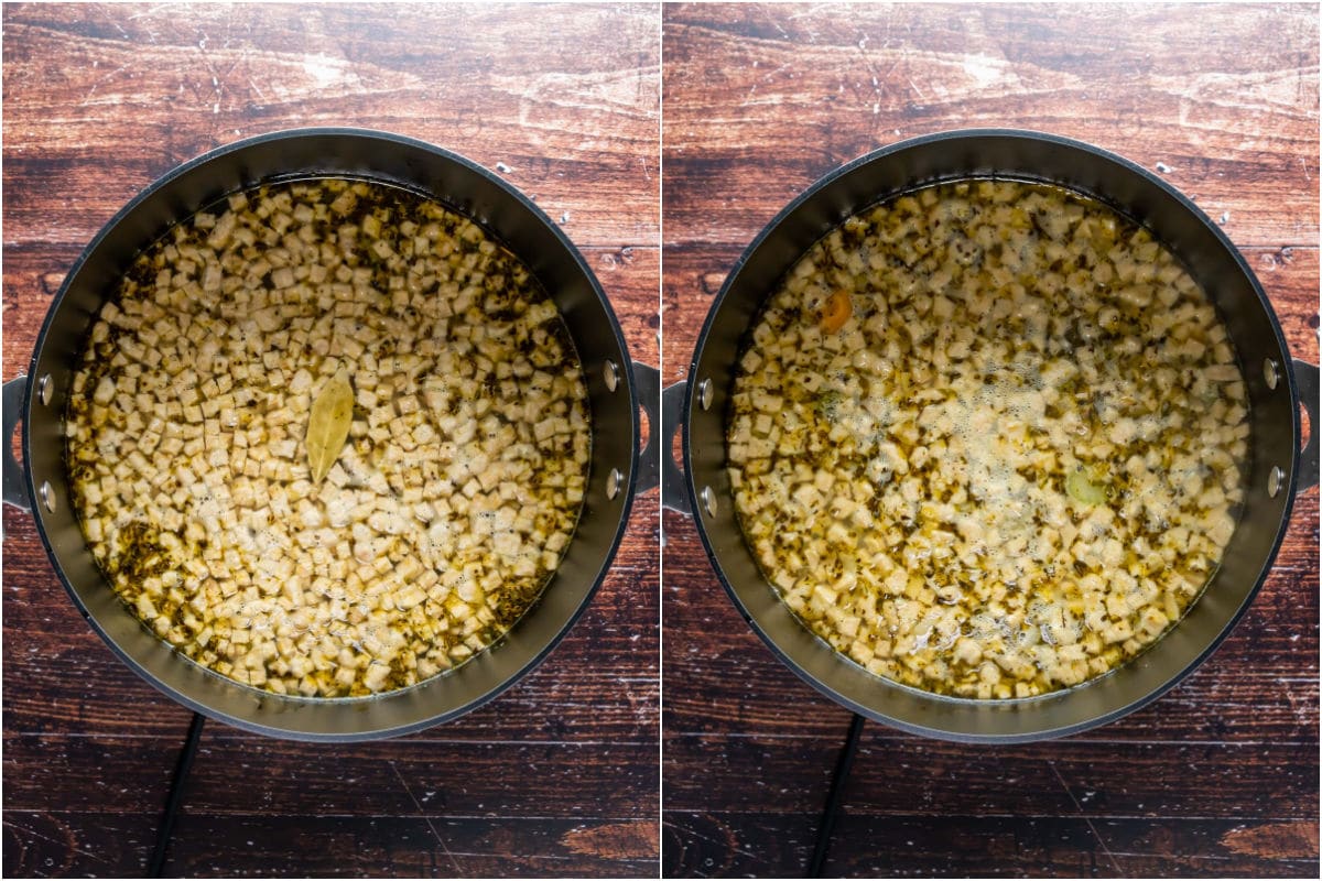 Two photo collage showing chopped vegan chicken and stock and bay leaf added to pot and mixed in.