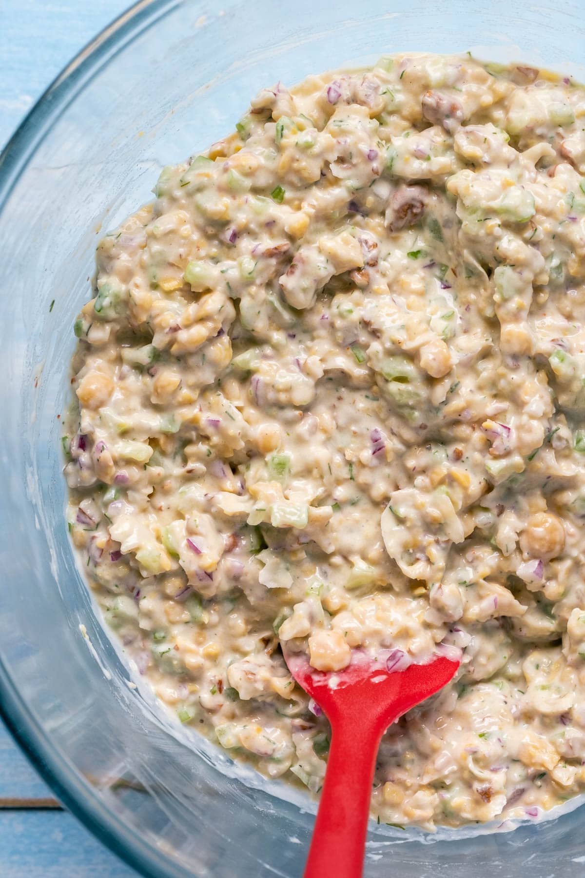 Vegan chicken salad in a mixing bowl.