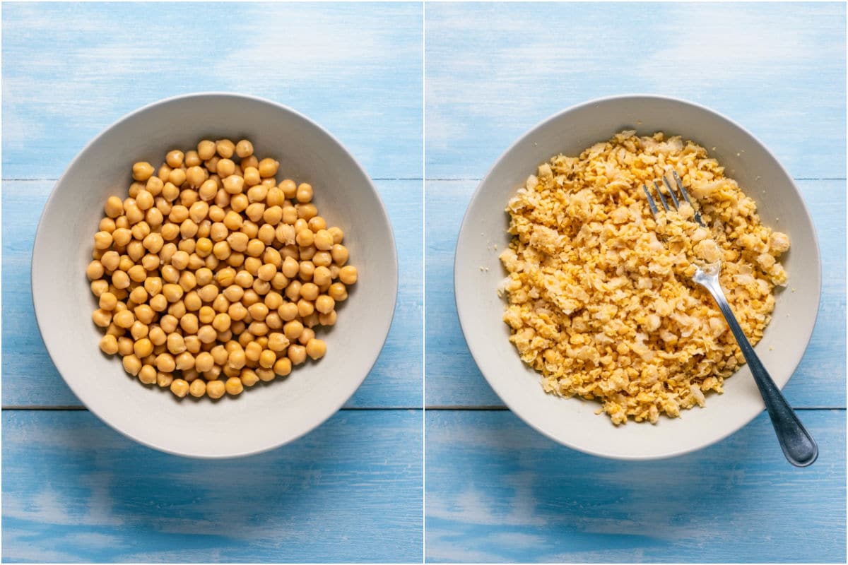 Chickpeas added to a bowl and mashed with a fork.