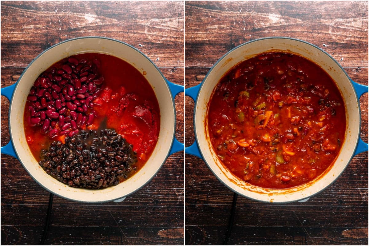 Canned tomatoes, vegetable stock, tomato paste and beans added to pot and brought to a simmer.