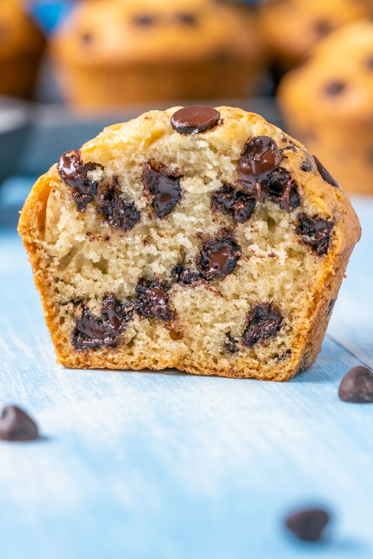 Vegan chocolate chip muffin cut in half.