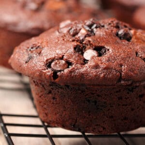 Vegan chocolate muffins on a wire cooling rack.