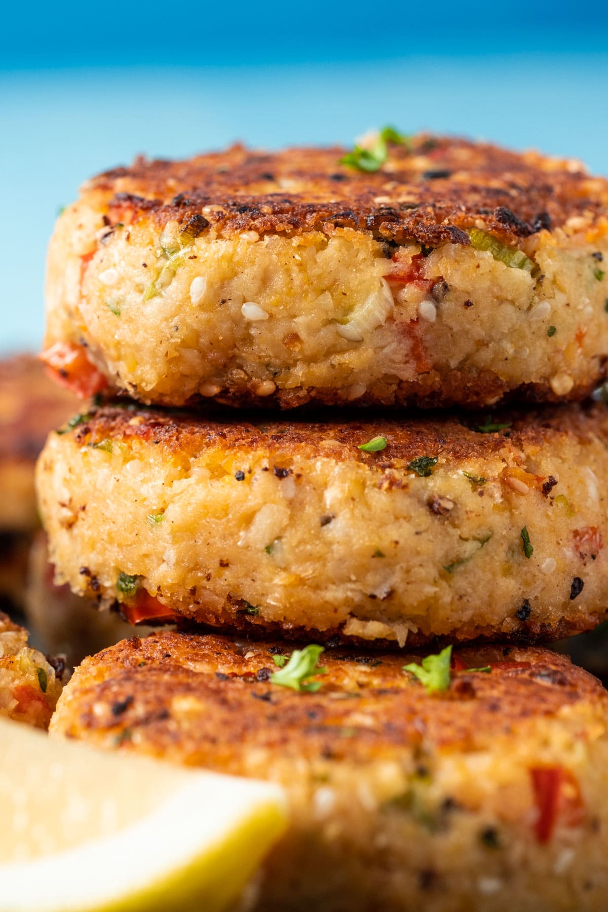 Vegan crab cakes in a stack.