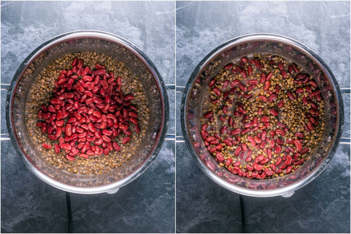 Kidney beans added to pot and mixed in.