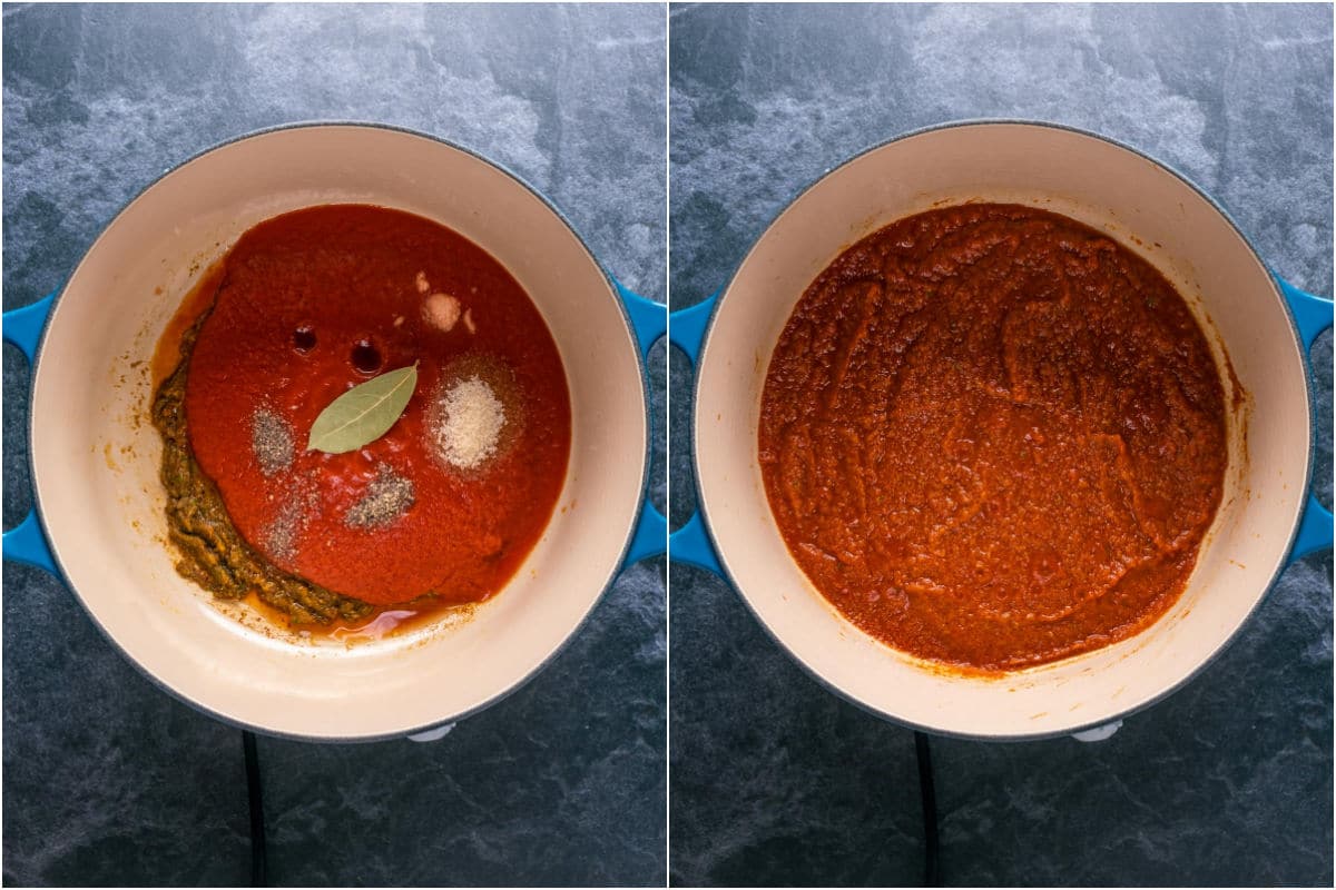 Crushed tomatoes, bay leaf, salt, pepper, liquid smoke and brown sugar added to pot and mixed in.