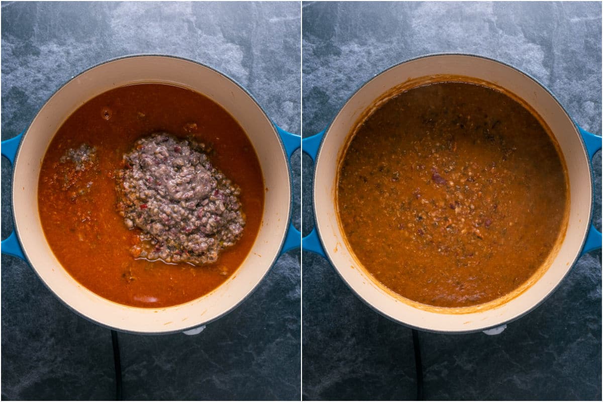 Cooked urad dal lentils and water added to pot and mixed in.