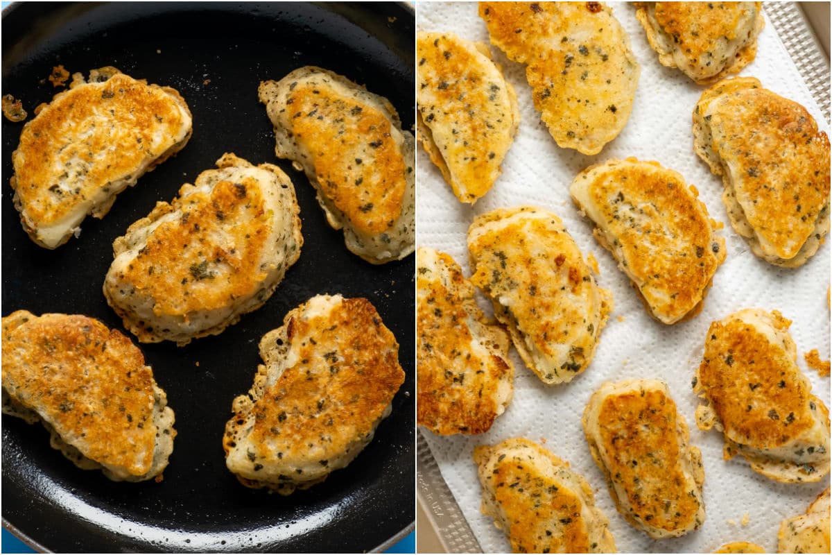 Beer battered vegan fish in a frying pan and then on a tray lined with paper towels.