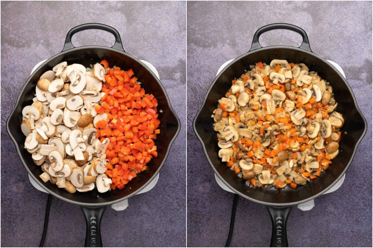 Sliced mushrooms and bell peppers added to skillet and sautéed.