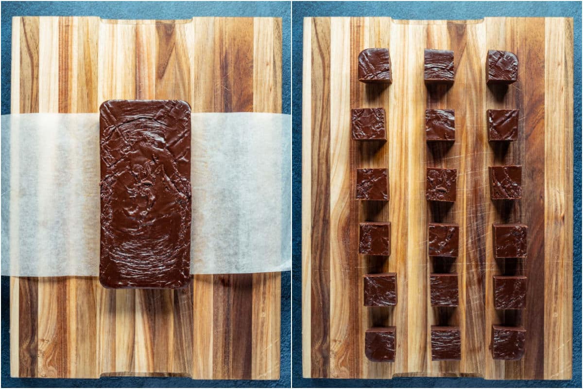 Block of fudge lifted out with the parchment paper and then cut into squares.