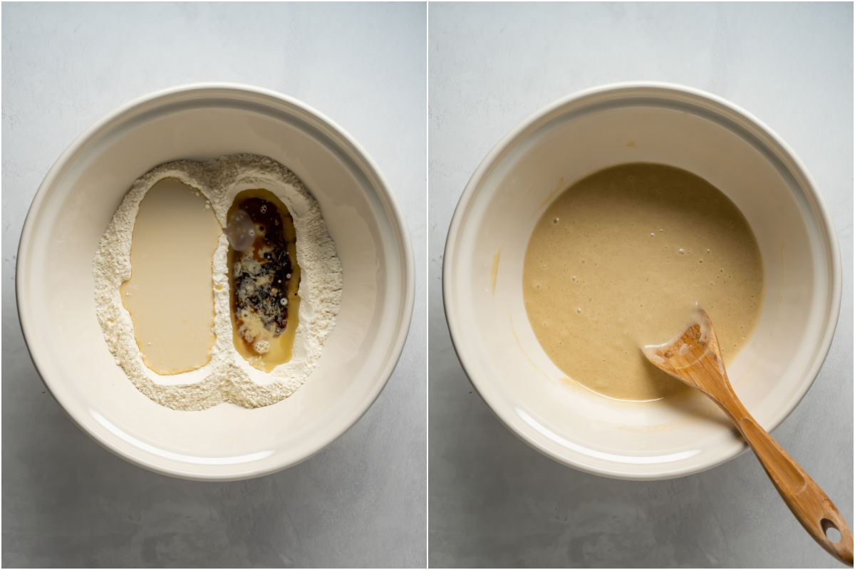 Two photo collage showing wet ingredients added to dry and mixed into a batter.