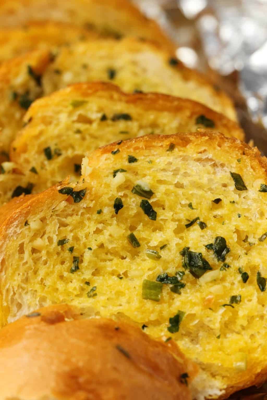 Vegan garlic bread on foil. 