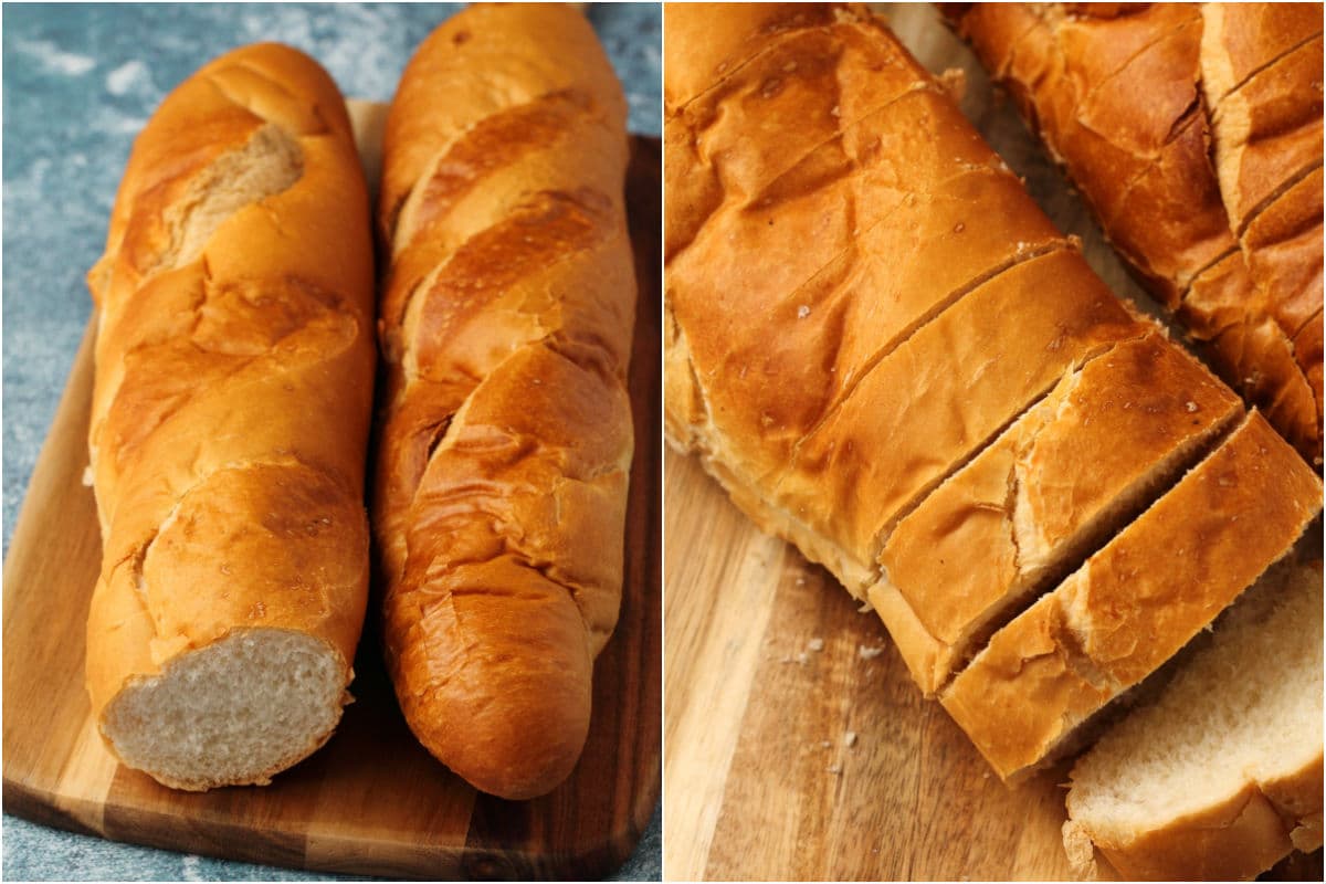 Baguette cut in half and then sliced. 