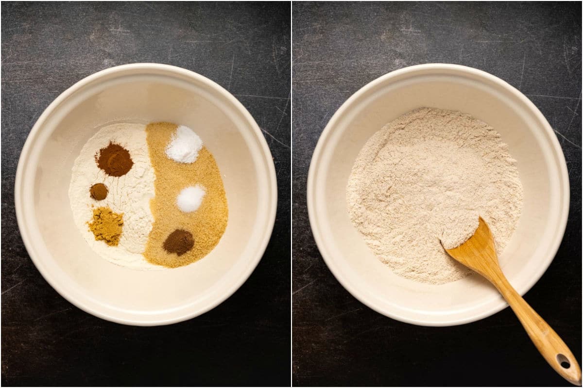 Two photo collage showing dry ingredients added to mixing bowl and mixed together. 