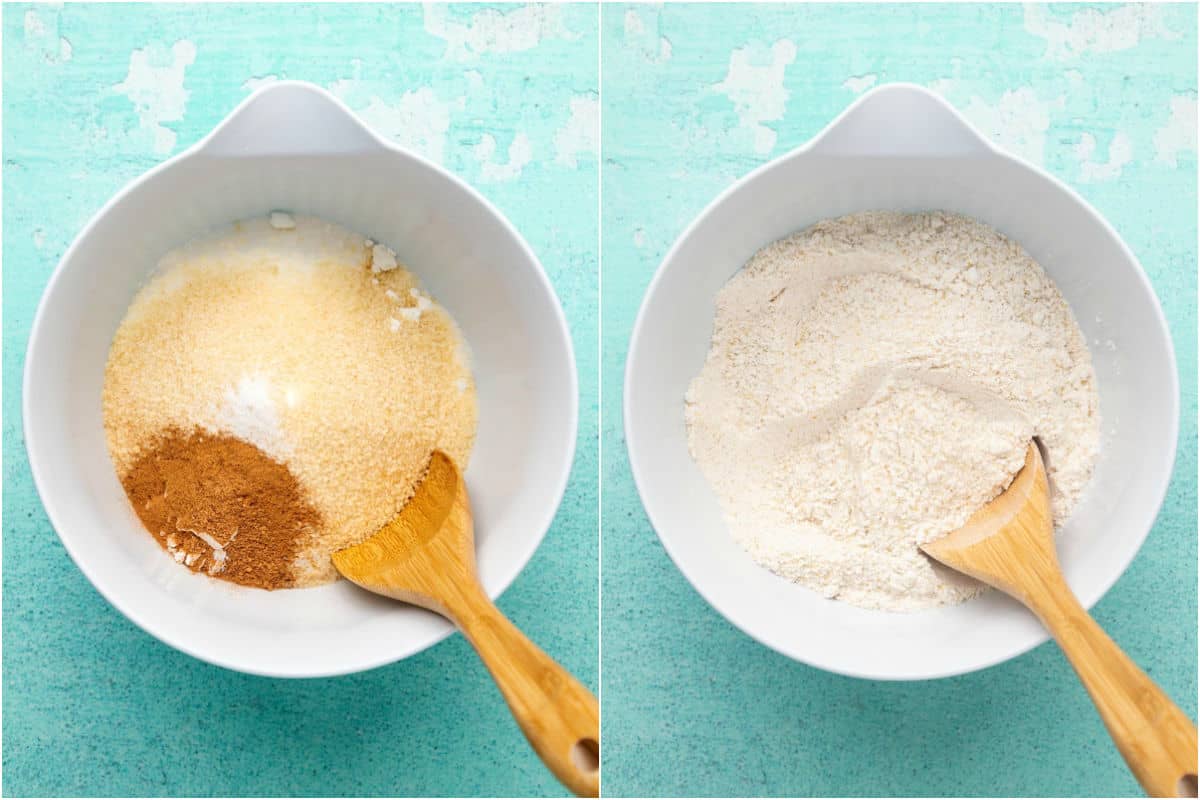 Two photo collage showing dry ingredients added to mixing bowl and mixed together.