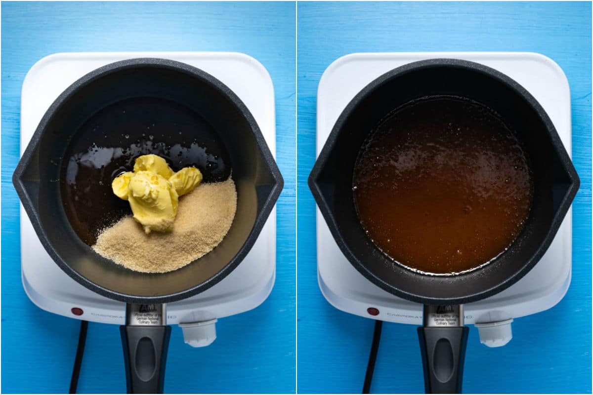 Vegan butter, brown sugar and syrup added to saucepan and melted together.