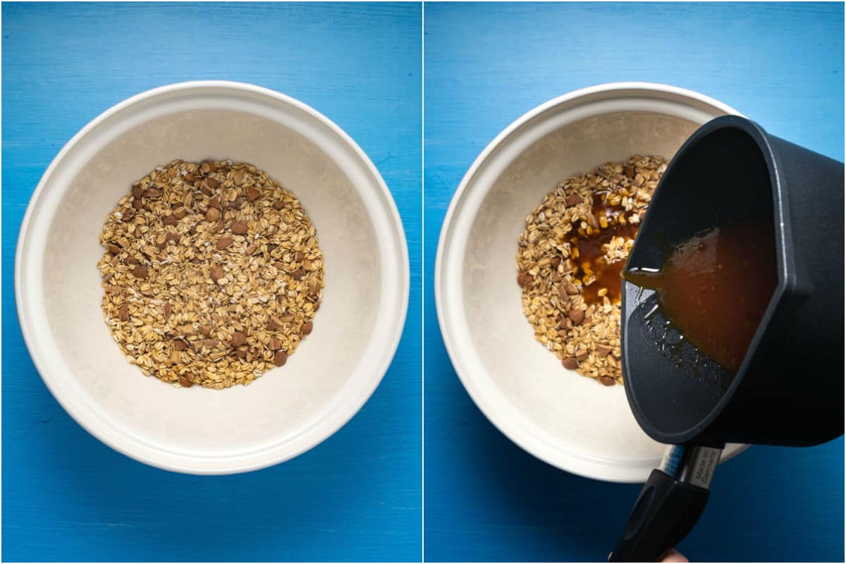 Toasted oats and almonds added to mixing bowl and vegan butter, sugar and syrup mix poured over the top.