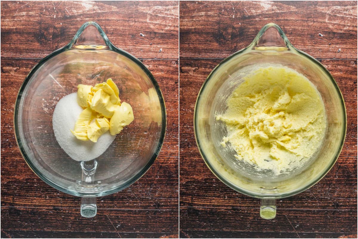 Collage of two photos showing vegan butter and sugar added to stand mixer and creamed together.