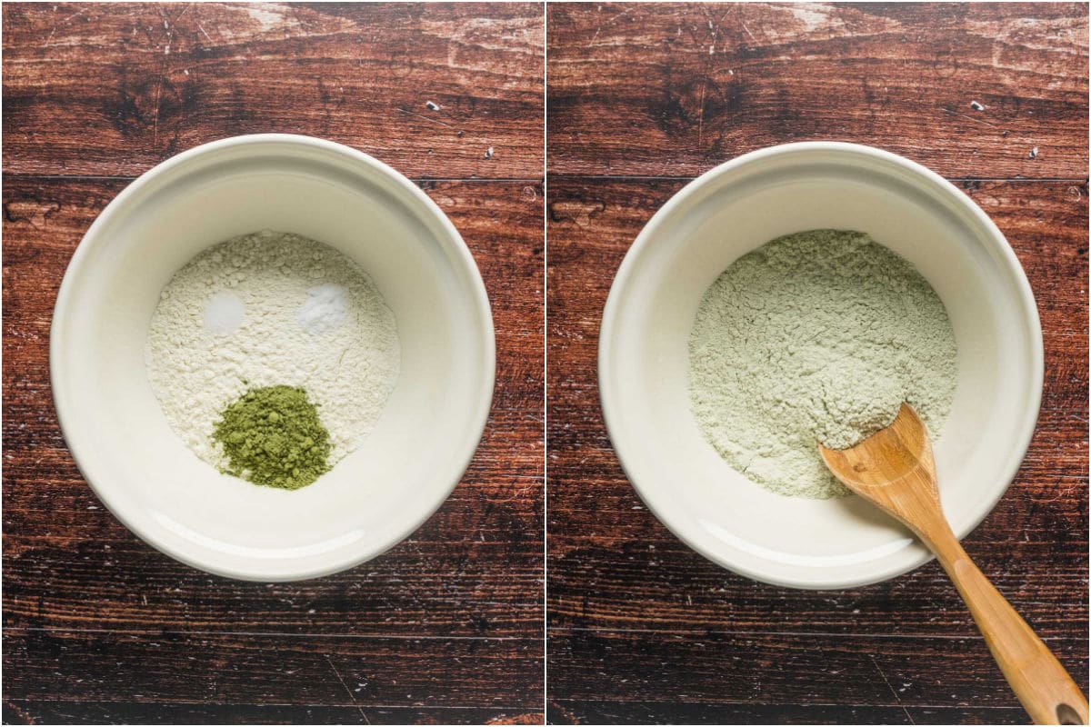 Two photo collage showing dry ingredients added to mixing bowl and mixed together.