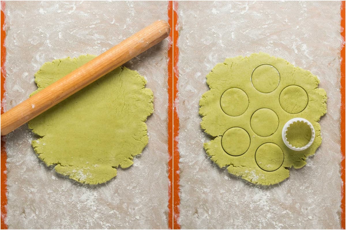 Two photo collage showing cookie dough rolled out and cut out into cookies.