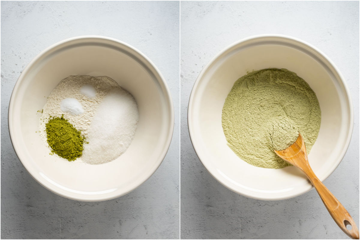 Collage of two photos showing dry ingredients added to mixing bowl and mixed together.