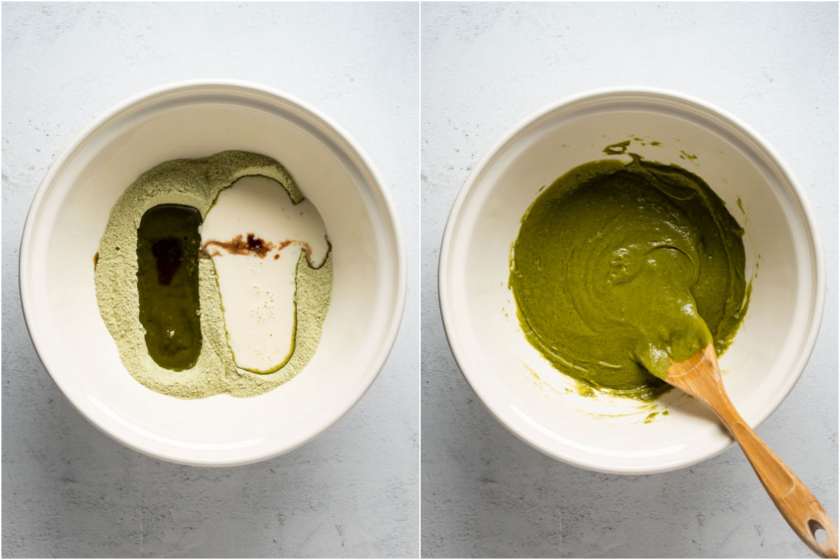 Collage of two photos showing wet ingredients added to dry and mixed into a batter.