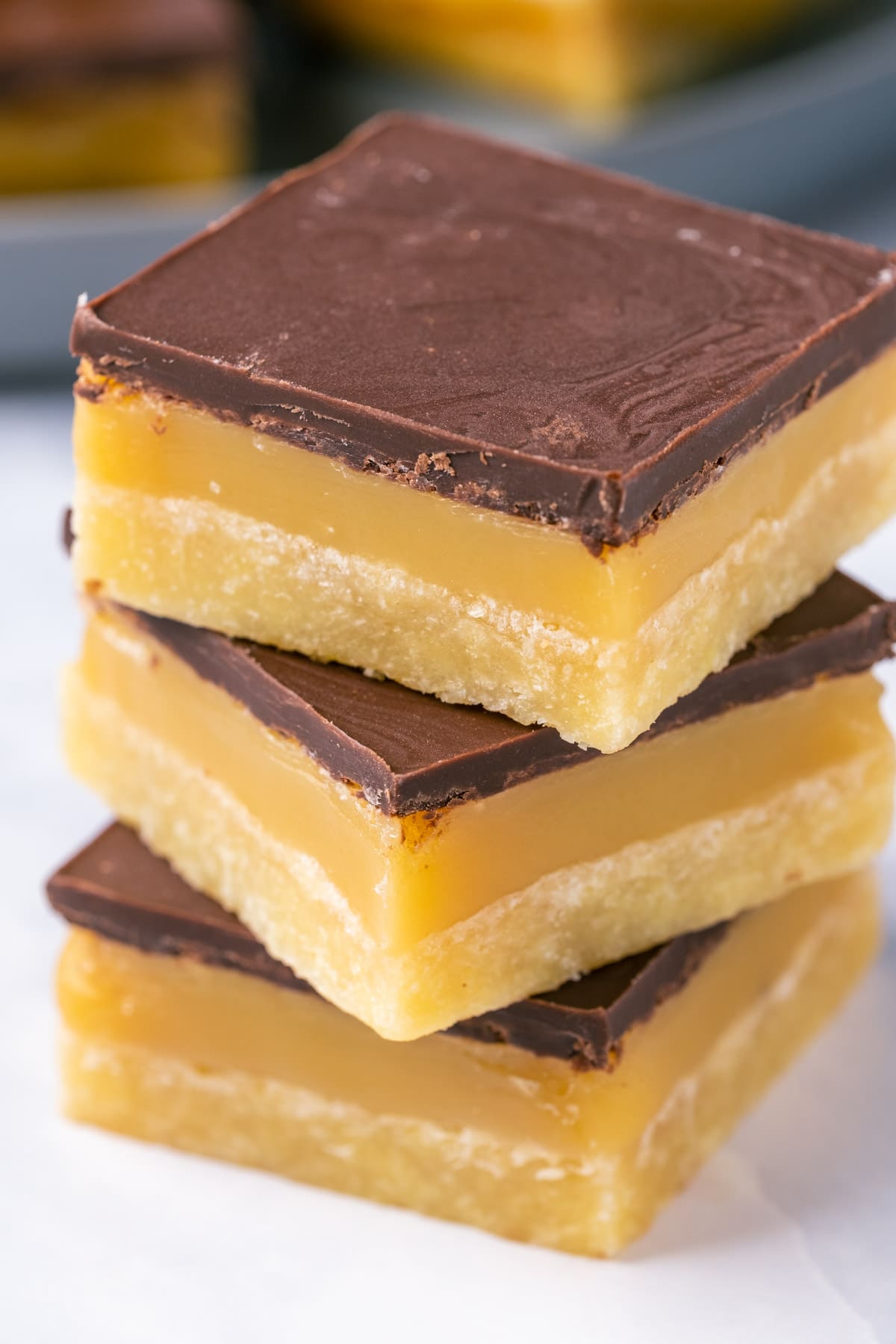 Vegan millionaire shortbread in a stack.