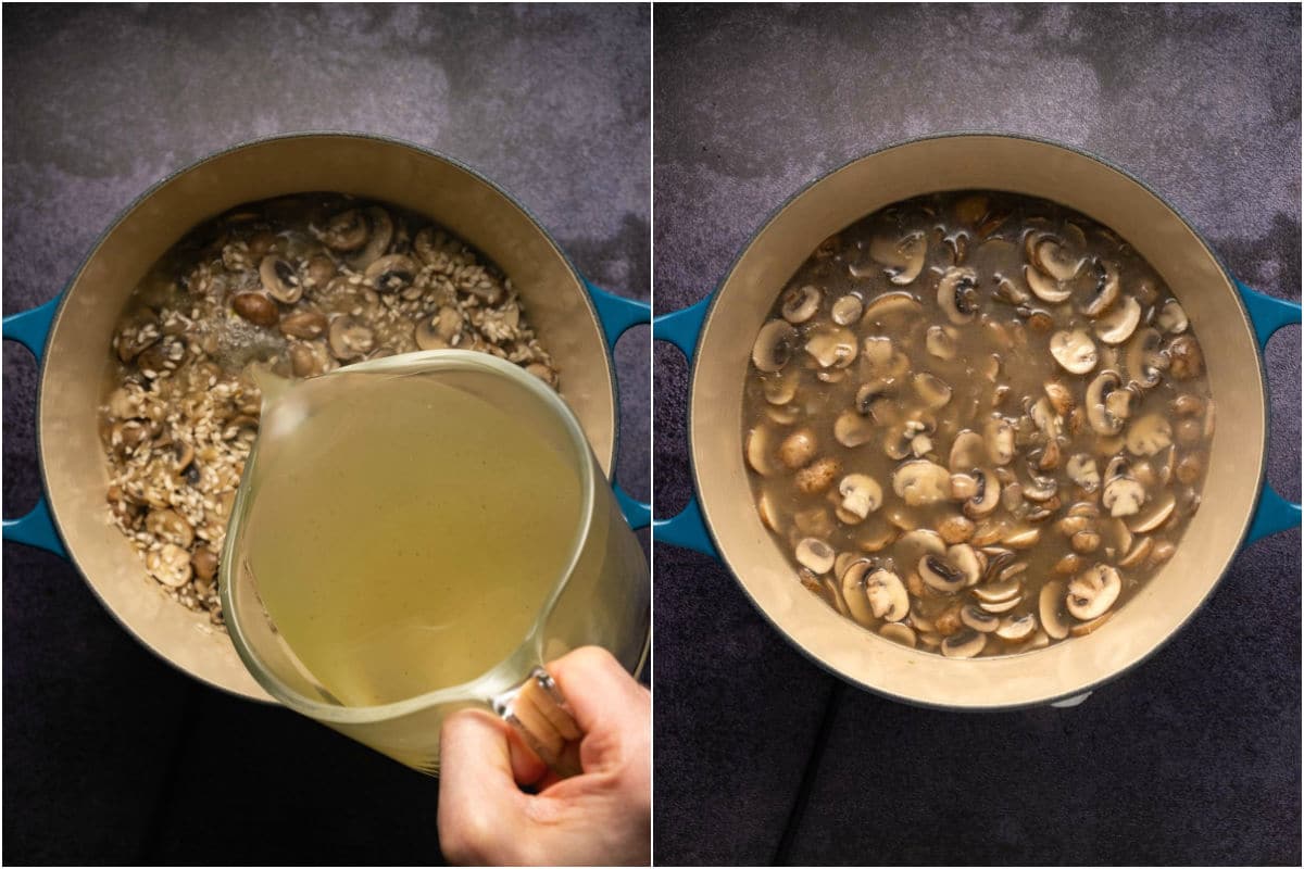 Two photo collage showing first vegetable stock added to pot and mixed in.