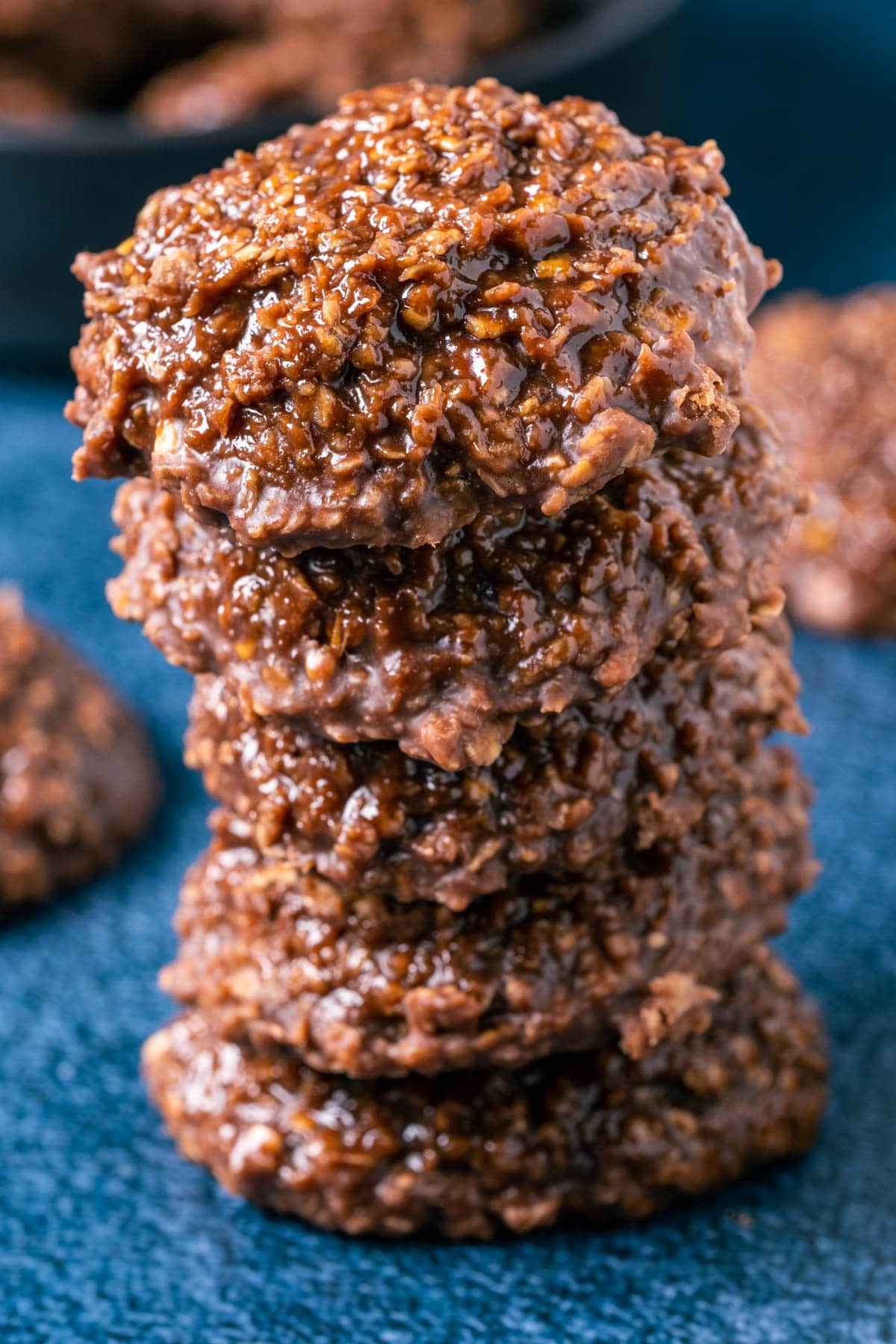 Vegan no bake cookies in a stack.